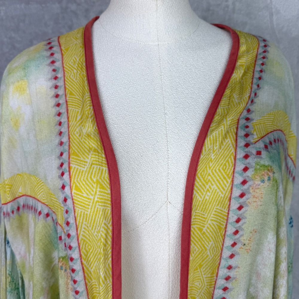 Anthropologie Kimono Cardigan OS Green Yellow Watercolor Boho Artsy whimsical - Picture 5 of 9